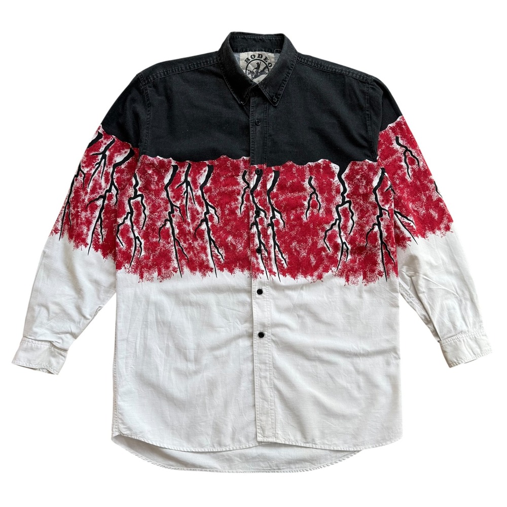 Rodeo Active Men Western Lightning Bolt Colorblock Button Down Shirt Black Red L